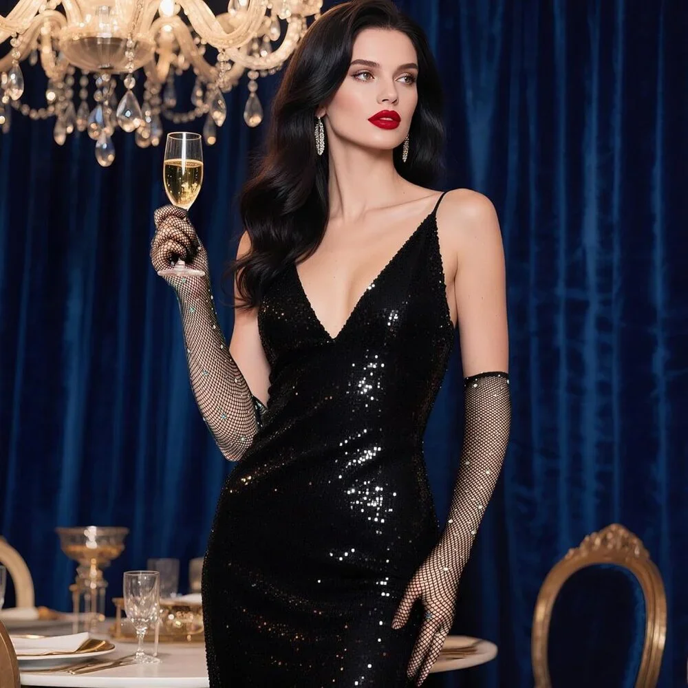 Women's Glitter Black Rhinestone Elbow Length Long Gloves Halloween Party